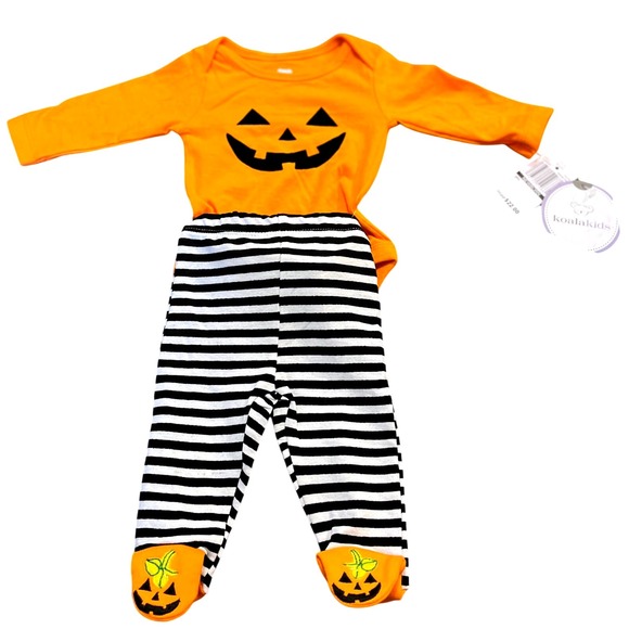 Koala Kids Newborn Orange Pumpkin Halloween Outfit 2pc Set Striped Pants - Picture 1 of 9